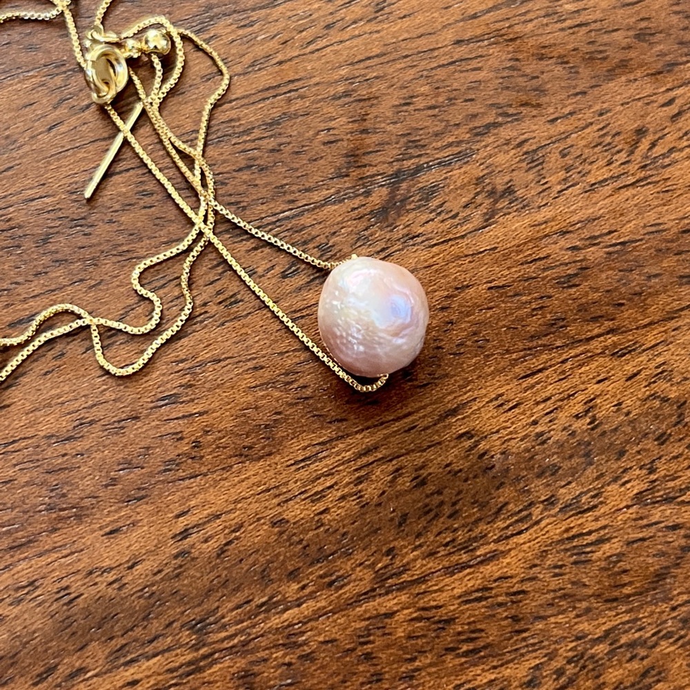 12-13MM Pink Baroque Pearl Necklace 18K Gold Plated Chain & Clasp New - Picture 4 of 5